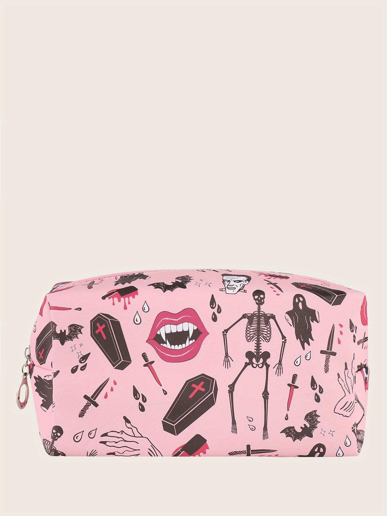 Halloween Skeleton Bat Pattern Makeup Bag Pink Roomy Square Zipper Pouch Travel Toiletries Organizer Gift For  ladies Women Men