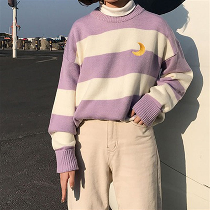 Kawaii Round Neck Striped Pullover Sweater, Casual Every Day Top For Winter & Fall, Women's Clothing