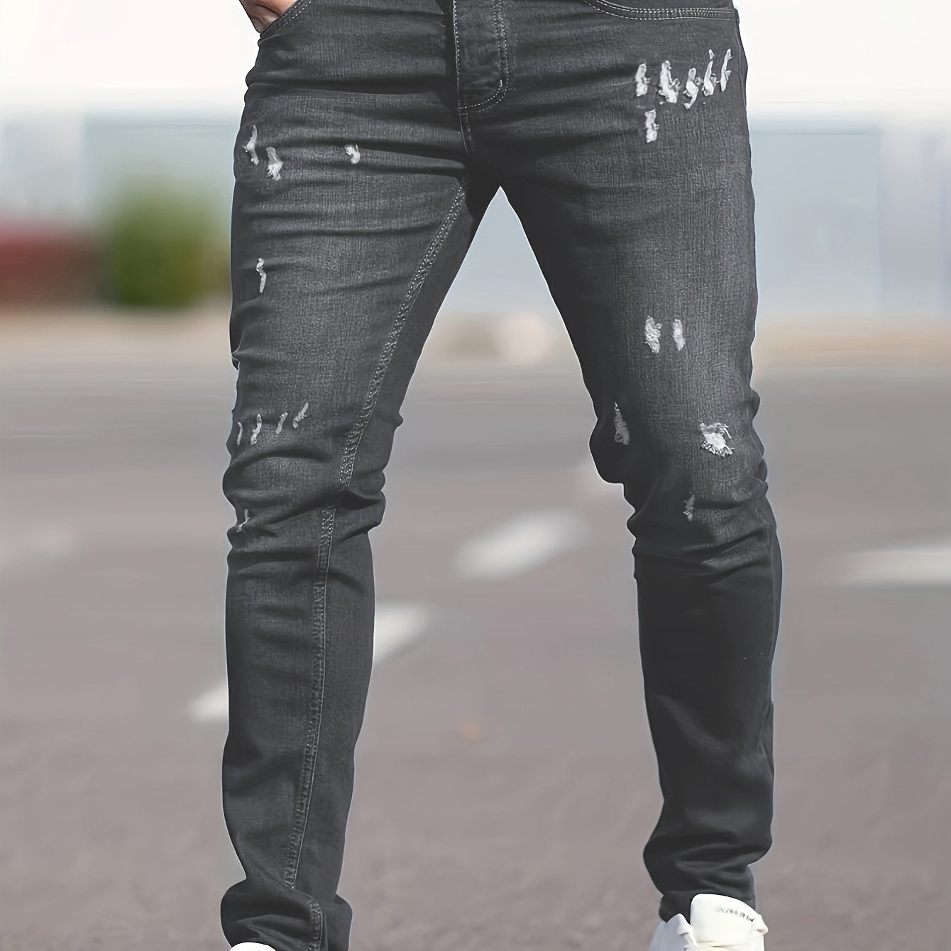Slim Fit Ripped Jeans, Men's Casual Street Style Distressed Medium Stretch Denim Pants