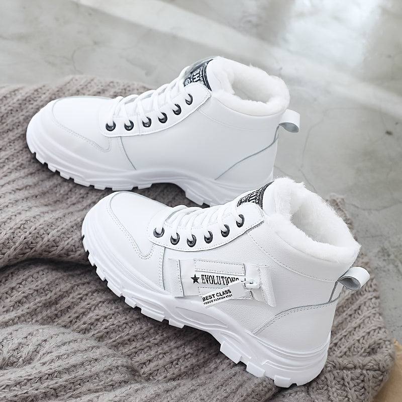 Women'S Winter High-Top Boots - Warm Fleece-Lined Ankle Boots with Thick Rubber Sole, Lace-Up Casual Style, White & Beige, Perfect for Cold Weather Comfort, Winter Boots