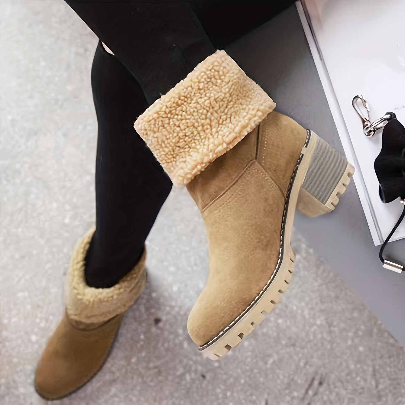 Women's Warm Faux Fur Lined Boots, Slip On Block Heeled Ankle Boots, Women's Footwear