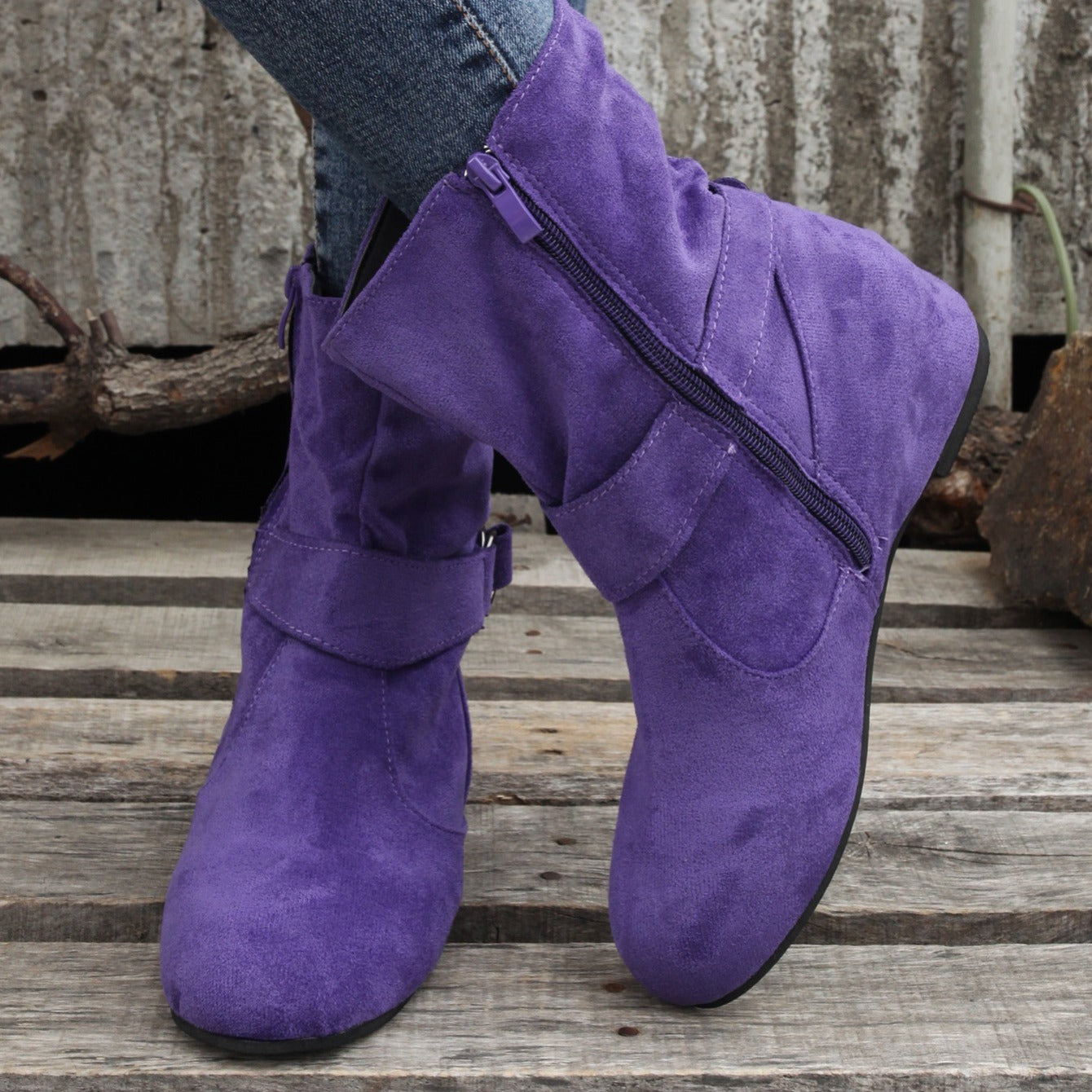 Womens Classic Solid Color Ankle Boots with Round-Toe Design - Fashion Buckle Belt & Side Zipper Closure - Ultra-Comfortable Outdoor Shoes for Stylish Adventures