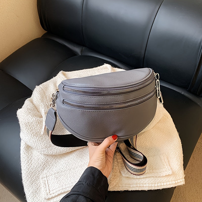 Black Synthetic Leather Crossbody Bag with Adjustable Striped Strap - Large Capacity Shoulder Messenger Bag for Women, Zipper Closure, Polyester Lining, Versatile Solid Color Design