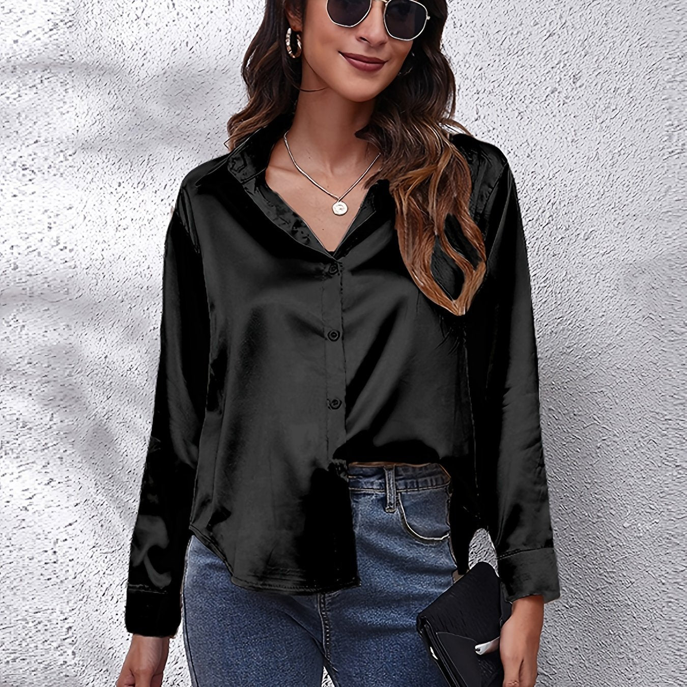 Solid Color Long Sleeve Button Down Tops, Business Casual Blouses For All Seasons, Women's Clothing