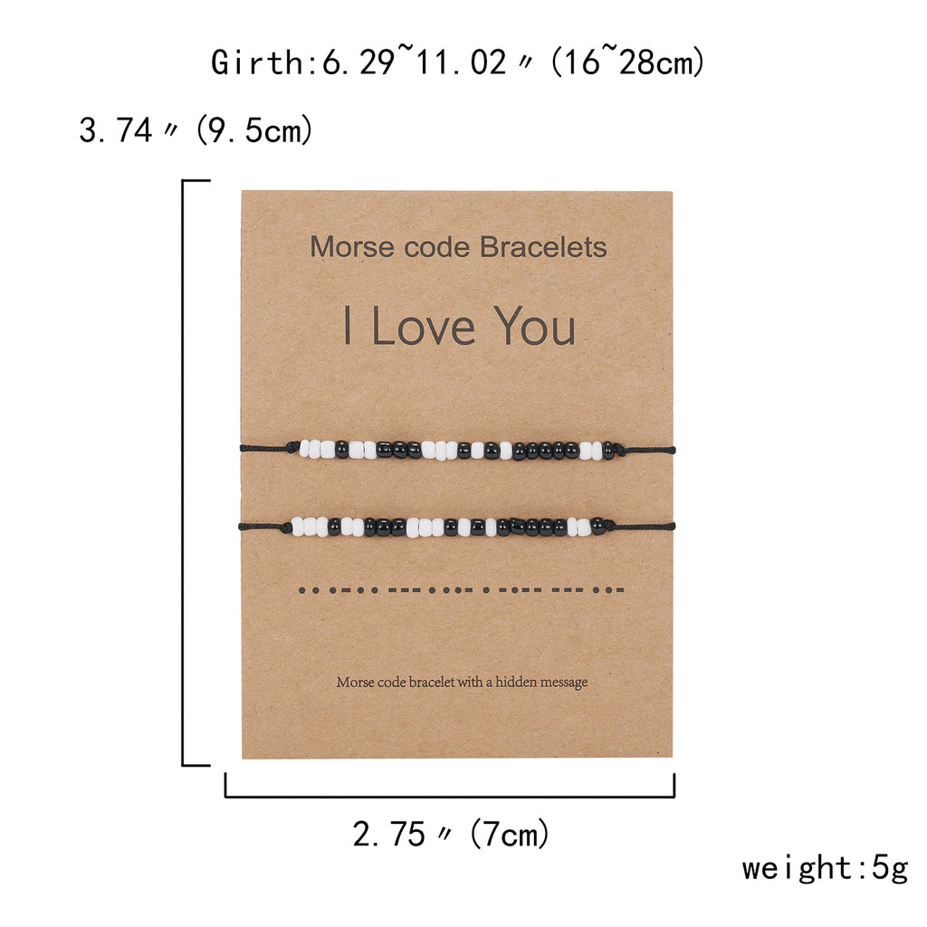 I Love You 2pcs/set Morse Code Black And White Rice Beads Woven Adjustable Couple Bracelets