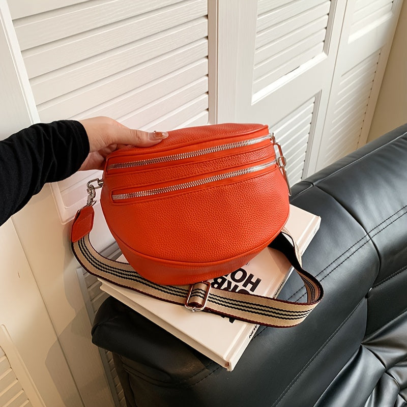 Black Synthetic Leather Crossbody Bag with Adjustable Striped Strap - Large Capacity Shoulder Messenger Bag for Women, Zipper Closure, Polyester Lining, Versatile Solid Color Design