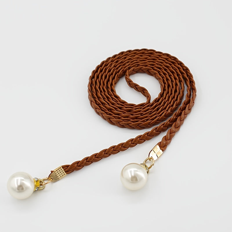 Braided Thin Belt Women's Decor Waist Rope Women's Sweet Dress Tie Waist Chain Skirt With Pearl Waist Accessories