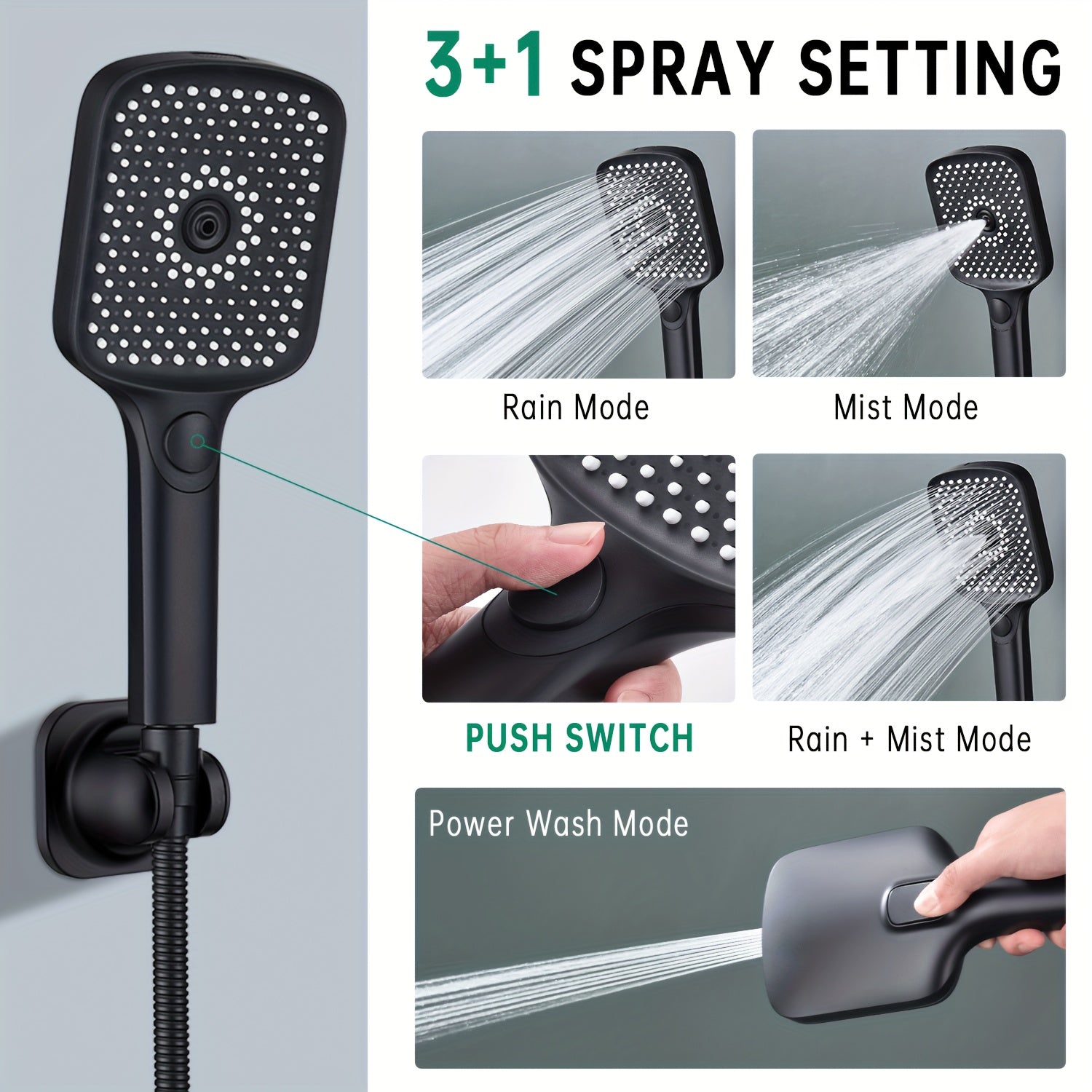 Shower Heads with Handheld Spray Combo, 13 Inches Rain Shower Head with 4-Mode Shower Wand, and 13 Inches Adjustable Arm, 3-Way Shower Diverter Valve, Extra Long Hose
