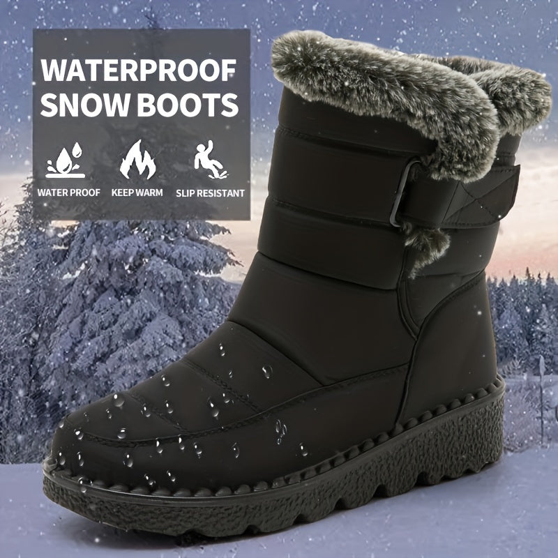 Faux Fur Waterproof Anti-slip Winter Boots, Warm Plush Inner Thick Sole Ankle Boots, Women's Snow Boots