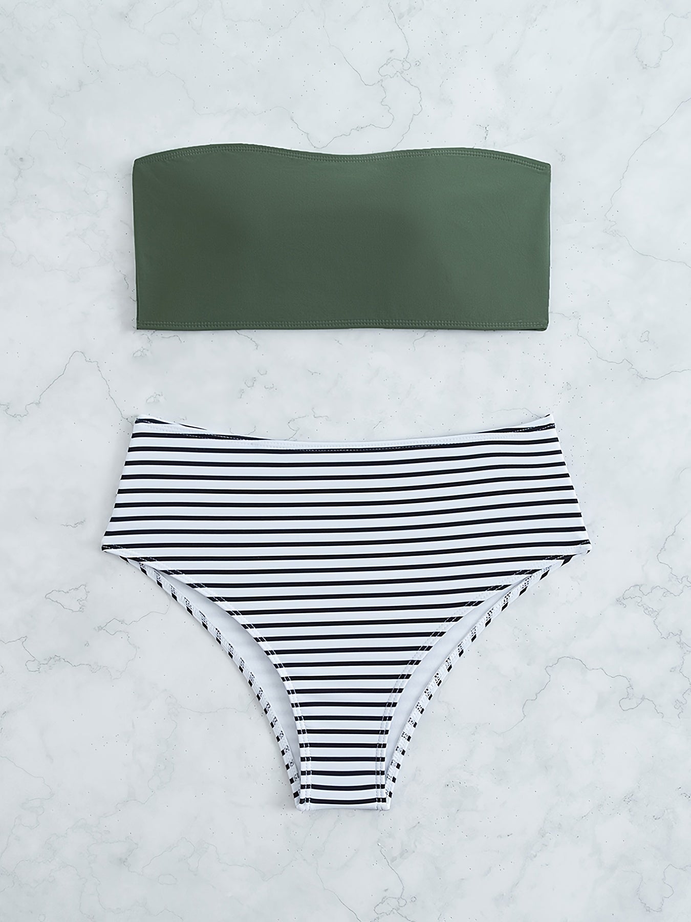 Striped Print Bandeau Two Piece Swimsuit, Army Green Strapless Tube Top, High Rise Black & White Striped Bottom Bikini Sets, Women's Swimwear & Clothing