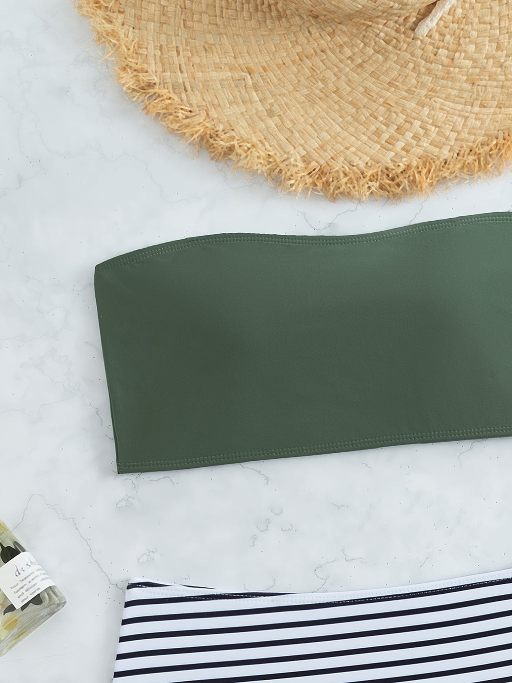 Striped Print Bandeau Two Piece Swimsuit, Army Green Strapless Tube Top, High Rise Black & White Striped Bottom Bikini Sets, Women's Swimwear & Clothing