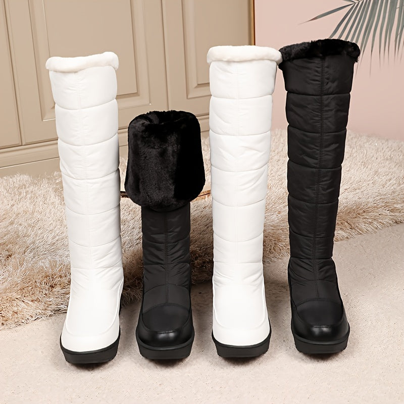 Waterproof Non-slip Outdoor Knee Boots, Warm Plush Inner Flat Lace Up Back Sports Sneakers, Women's Footwear