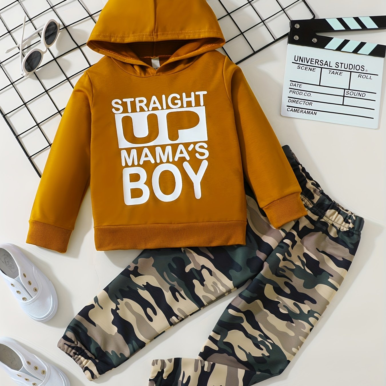 Boy's Casual Hoodie With Slogan + Camo Pants For Autumn & Winter Daily And Outdoor Wear