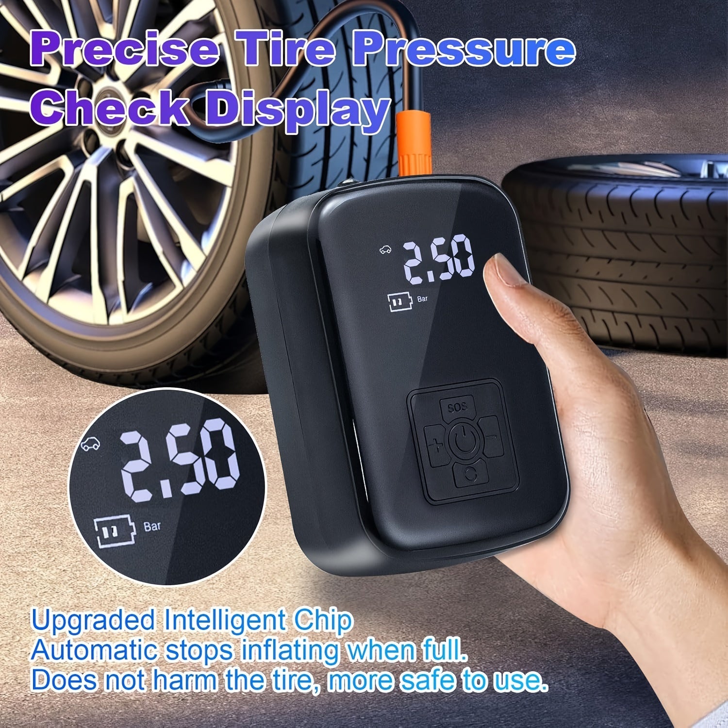 A Portable Car Air Compressor with a Wireless Handheld Pump And Light, Suitable for Inflating And Compressing Tires of And Motorcycles.