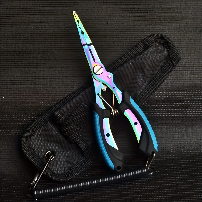 [Stainless Steel Fishing Pliers] Multi-Function Stainless Steel Fishing Pliers - Hooked Bent Nose - Color Titanium Open Ring Line Cutter - Lead Pressing Anti-Slip Handle