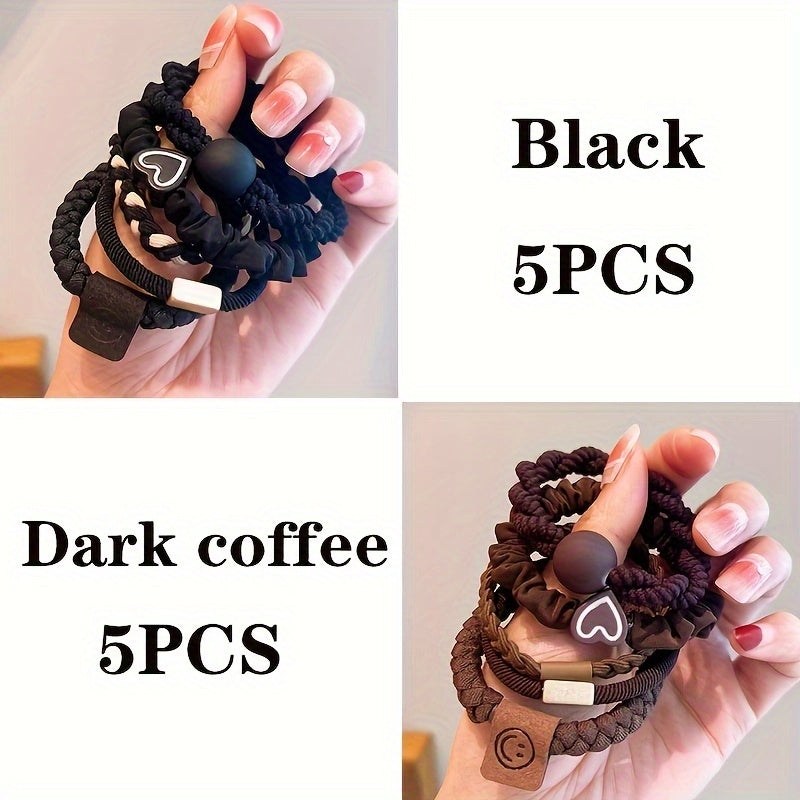 5/10/20pcs New Coffee Color Love Pendent Hair Tie, Girl Cute Bowknot Hair Tie Elastic Rubber Hair Bands Hair Accessories for Women, Ideal choice for Gifts