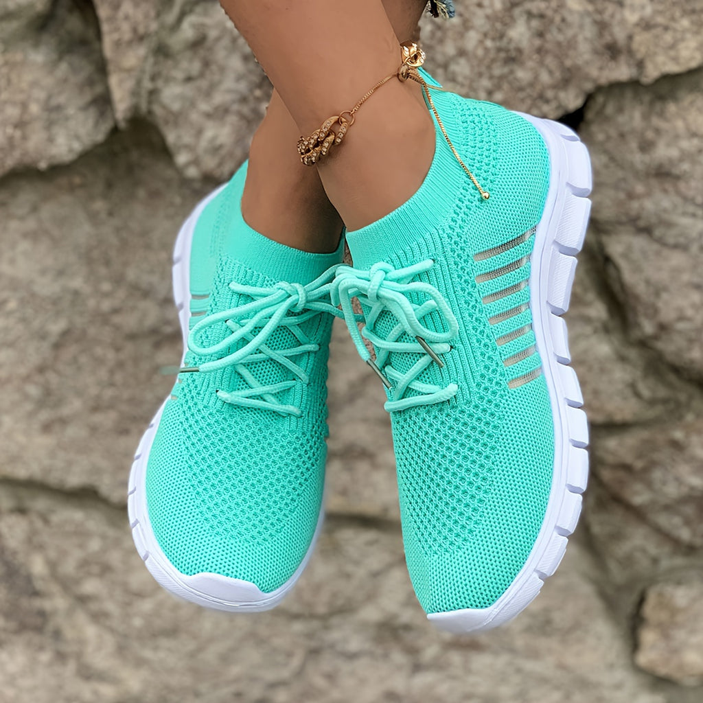 Women's Lightweight Knit Sneakers, Breathable Low-Top Lace-Up Casual Running Footwear, Fabric Upper and PU Cover Sole, Vibrant Color Sneakers, Versatile Running Shoes
