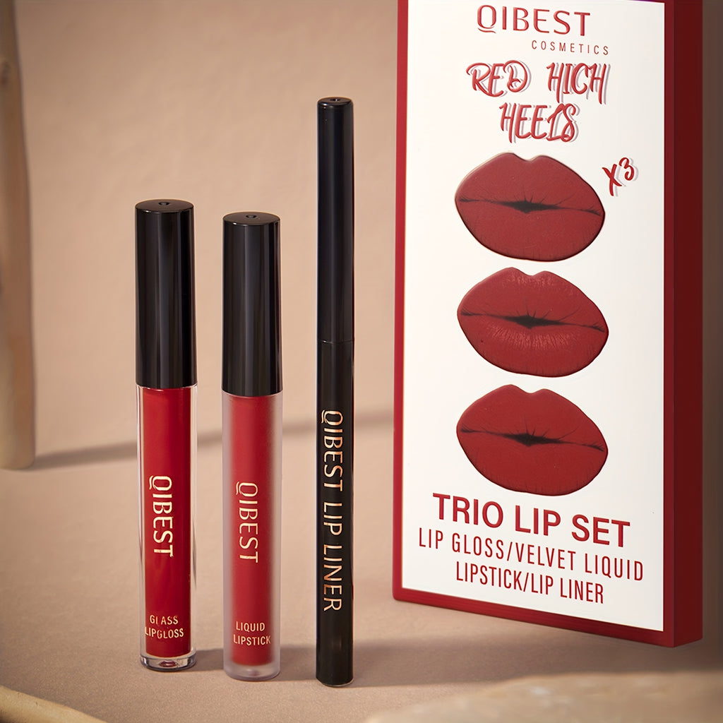 Lip Liner, Lipstick And Lip Gloss Trio Set, Matte Liquid Lipstick + Matching Lip Liner + Lip Gloss Nude Velvety Lipstick Makeup Kit Gift Set, Waterproof Long Lasting, Contains Plant Squalane Formula
