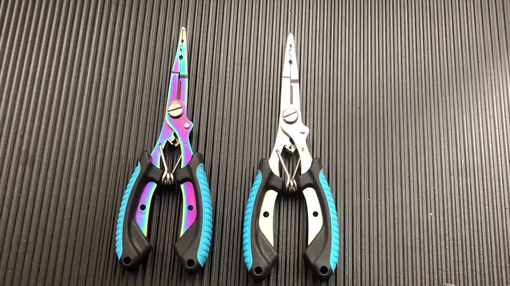[Stainless Steel Fishing Pliers] Multi-Function Stainless Steel Fishing Pliers - Hooked Bent Nose - Color Titanium Open Ring Line Cutter - Lead Pressing Anti-Slip Handle