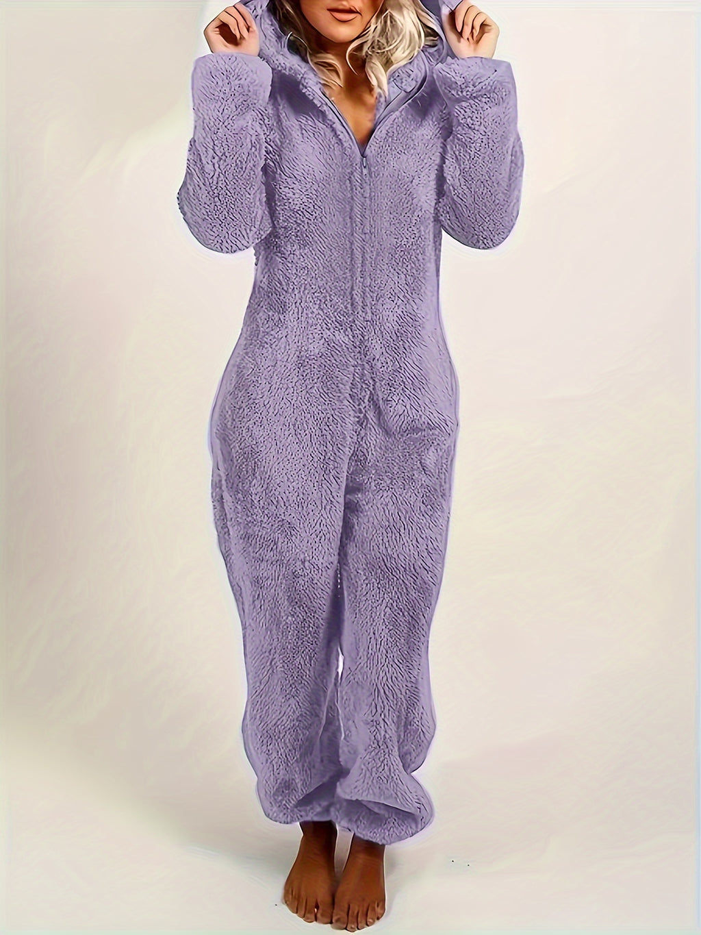 Fuzzy Hooded Pajama Jumpsuit For Music Festival, Comfy & Cute Long Sleeve Zipper Pajamas, Women's Lingerie & Sleepwear