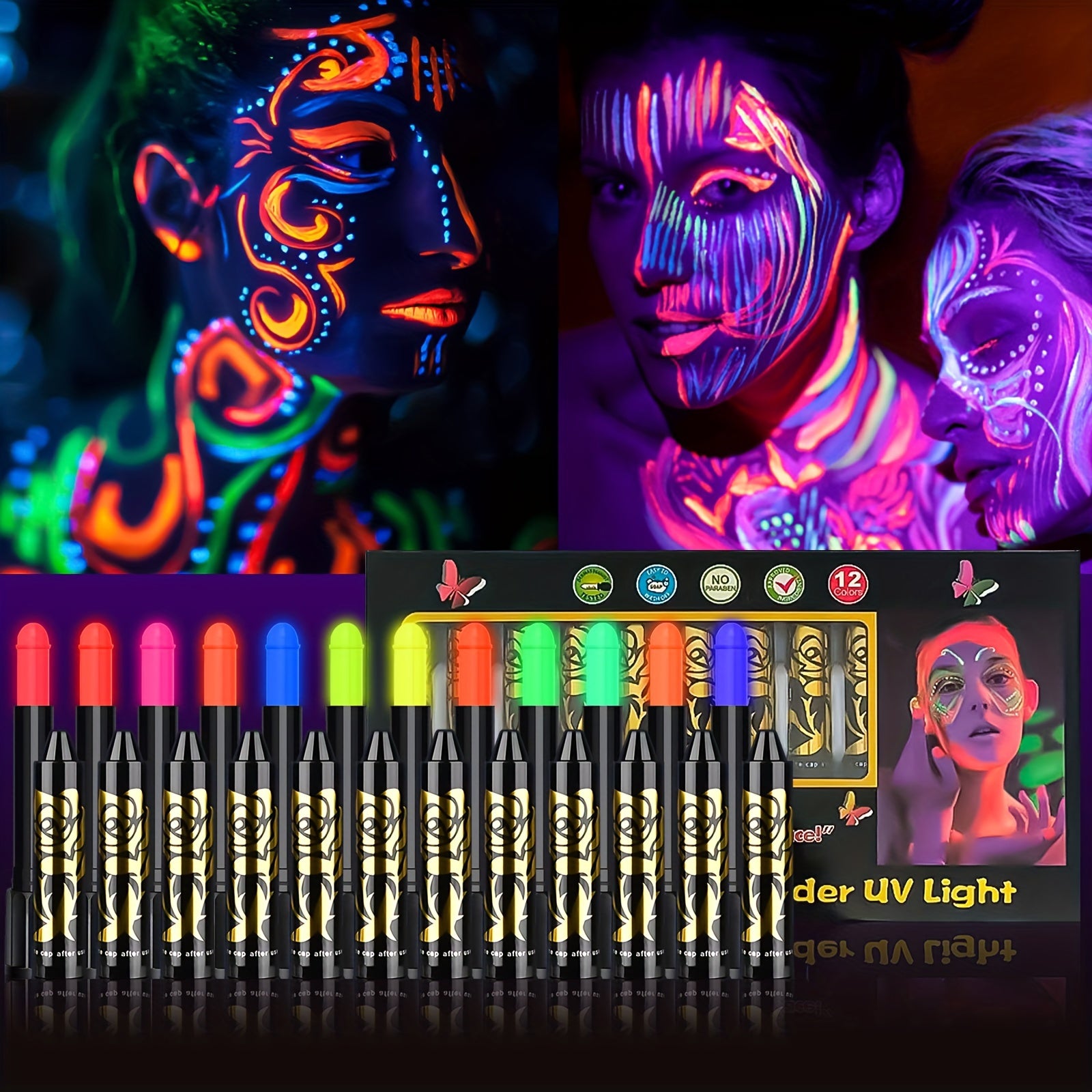 12 Pcs Bright UV Blacklight Face Paint Neon Makeup Fluorescent, Face Paint Kit Water Reactive Glow Face Paint Crayons Safe Body Painting For Special Make Up For Music Festival