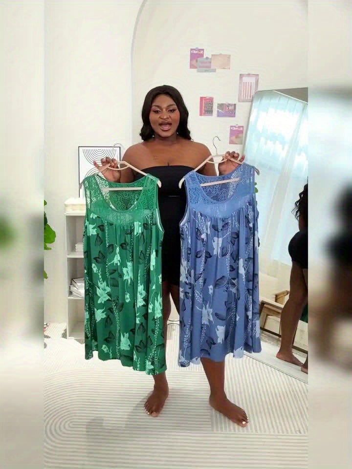 Women's Elegant Sleeveless A-Line Dress with Contrast Lace Hem & Geometric Print - Knee-Length Flared Skirt, Round Neck, Machine Washable, Plus Size Friendly for Casual & Semi-Formal Occasions, Lace Detailing, Comfortable Fit