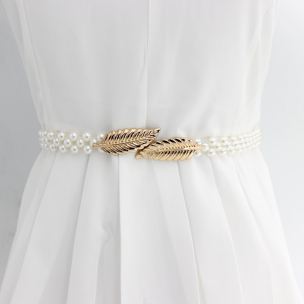 Faux Pearl Belt Women's Metal Leaf Elastic Pearl Waist Chain Women's Decoration For Dress Elastic Belt