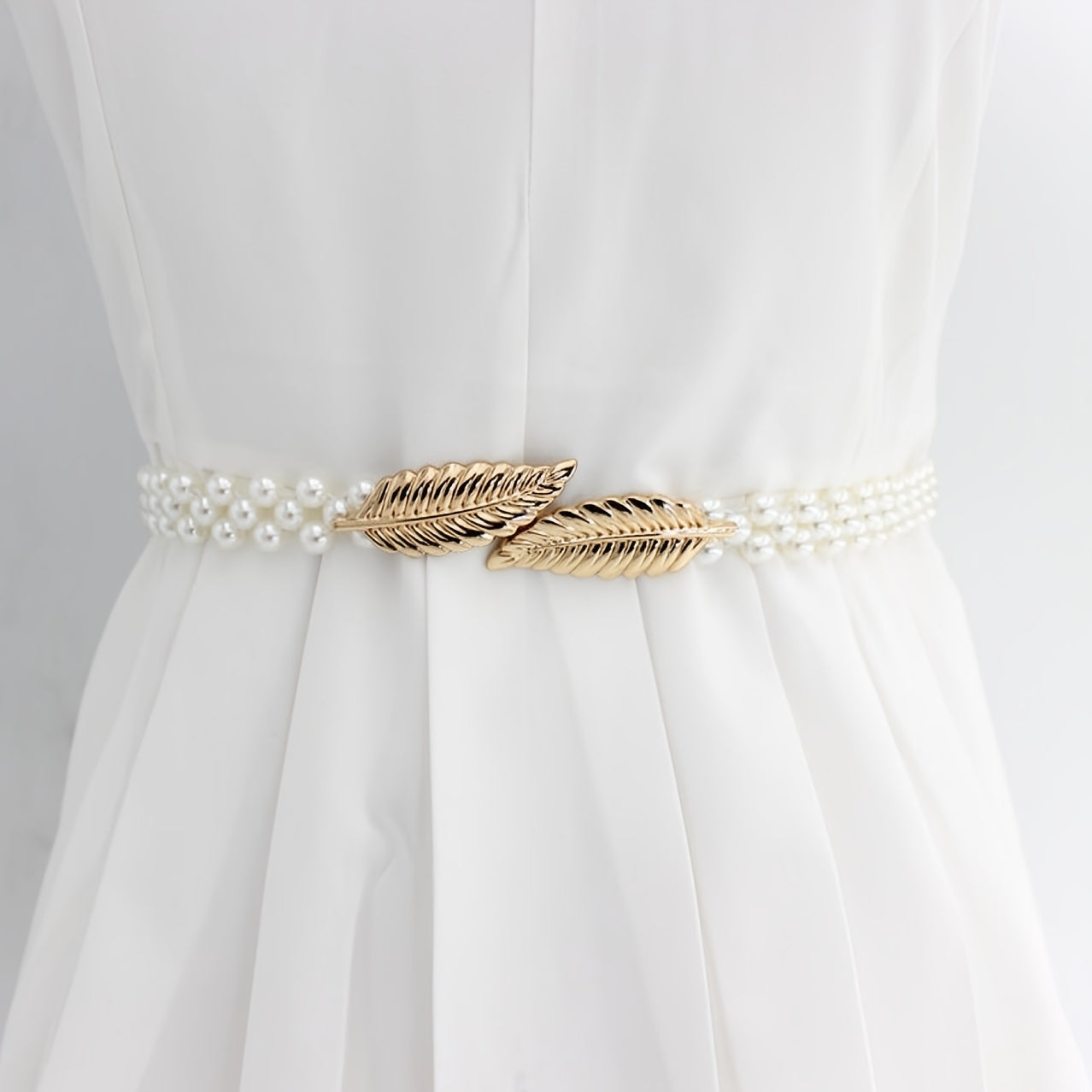Faux Pearl Belt Women's Metal Leaf Elastic Pearl Waist Chain Women's Decoration For Dress Elastic Belt