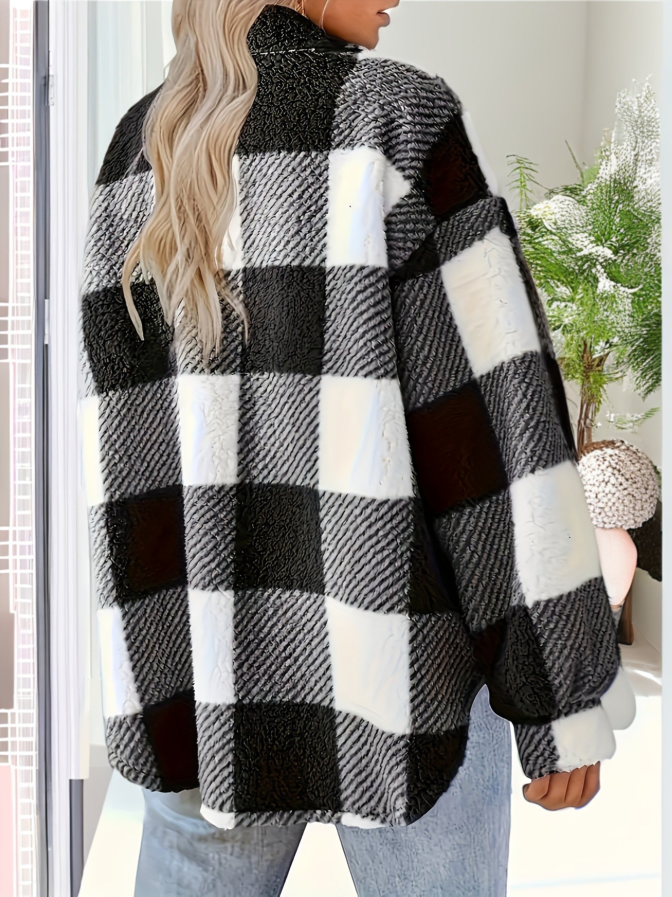 Plaid Pattern Button Front Jacket, Elegant Long Sleeve Warm Outerwear For Fall & Winter, Women's Clothing