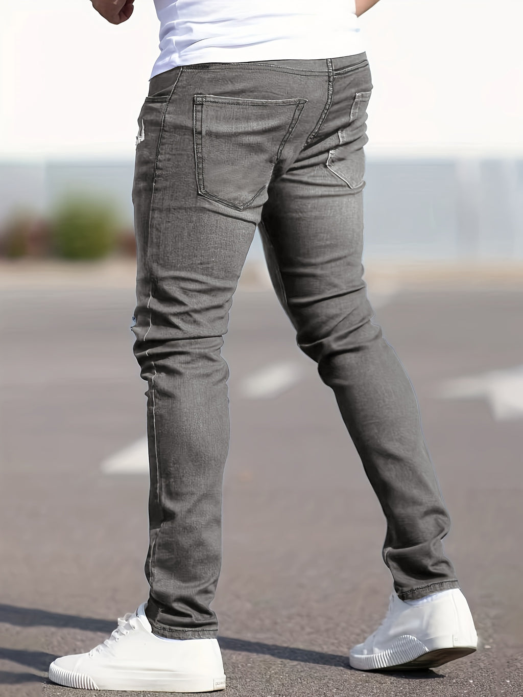 Slim Fit Ripped Jeans, Men's Casual Street Style Distressed Medium Stretch Denim Pants