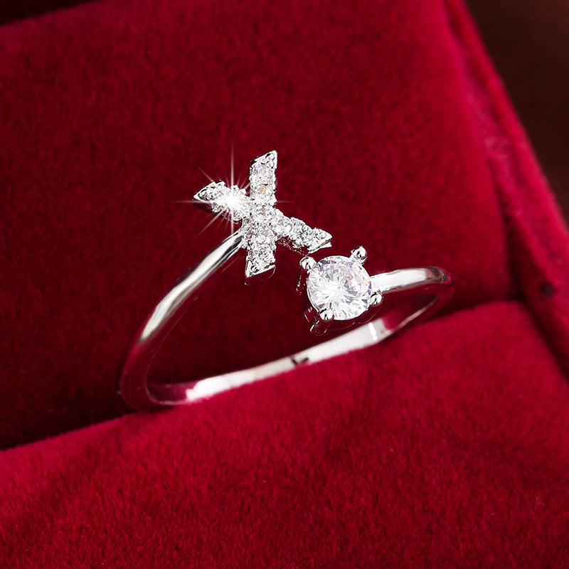 Adjustable Copper Ring With Four-claw Round Zirconia, Featuring The 26 English Letters Of Fashion Trend.