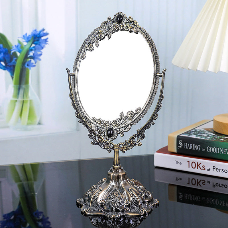 1pc Metal Desktop Antique Decorative Makeup Mirror, Vintage Rotating Double Sided Makeup Mirror With Frame, Tabletop Oval Vanity Mirror For Bathroom Bedroom
