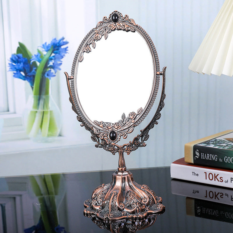 1pc Metal Desktop Antique Decorative Makeup Mirror, Vintage Rotating Double Sided Makeup Mirror With Frame, Tabletop Oval Vanity Mirror For Bathroom Bedroom