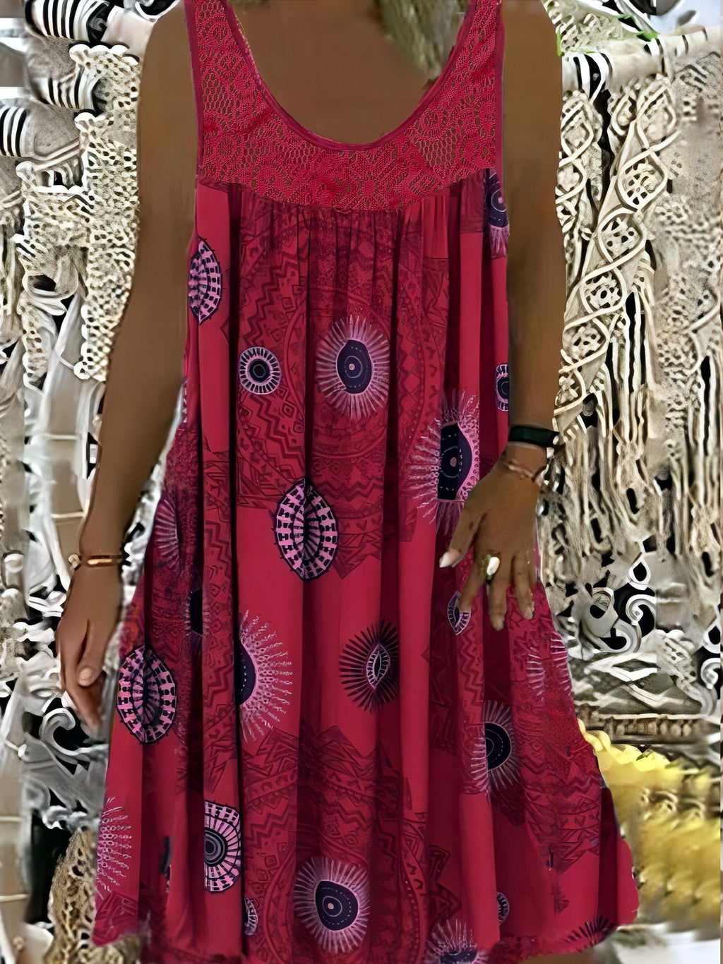 Women's Elegant Sleeveless A-Line Dress with Contrast Lace Hem & Geometric Print - Knee-Length Flared Skirt, Round Neck, Machine Washable, Plus Size Friendly for Casual & Semi-Formal Occasions, Lace Detailing, Comfortable Fit