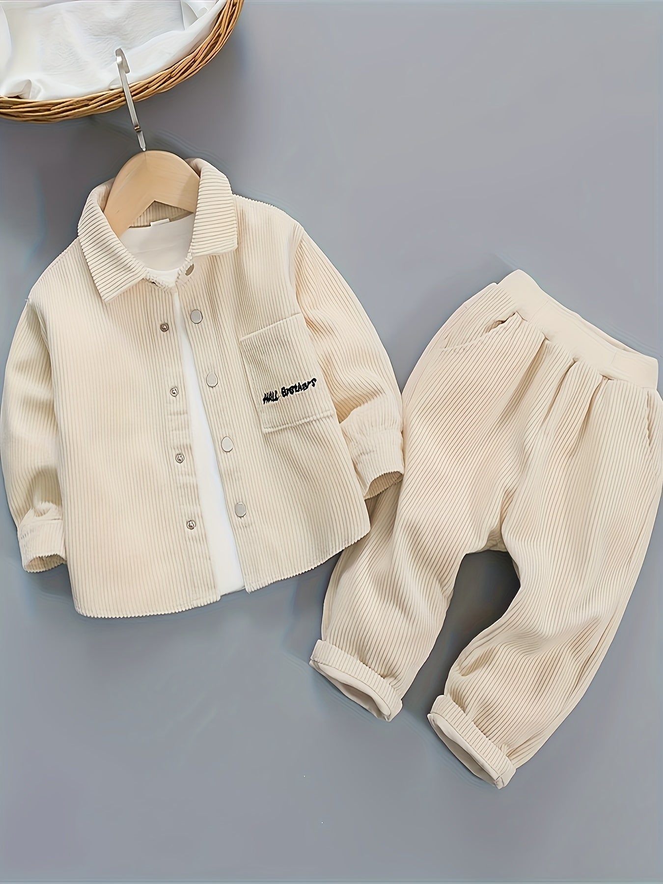 Spring And Autumn Boys Simple And Fashionable Solid Color Corduroy Two Piece Set, for Outdoor