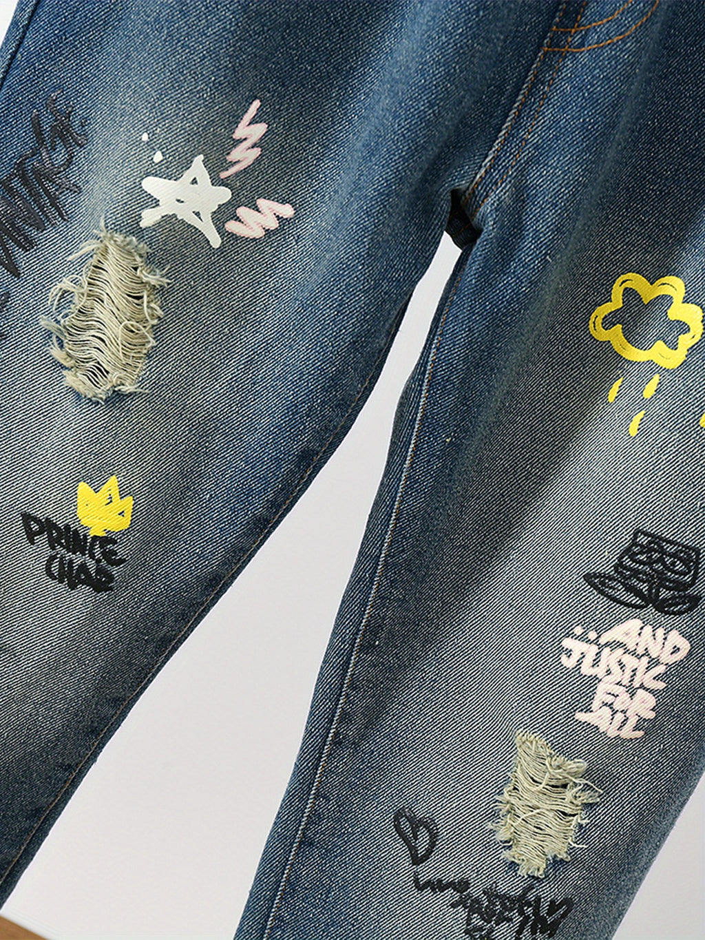 Girls Ripped Tapered Jeans, Cartoon Pattern Elastic Waistband Denim Jeans Kids Clothes
