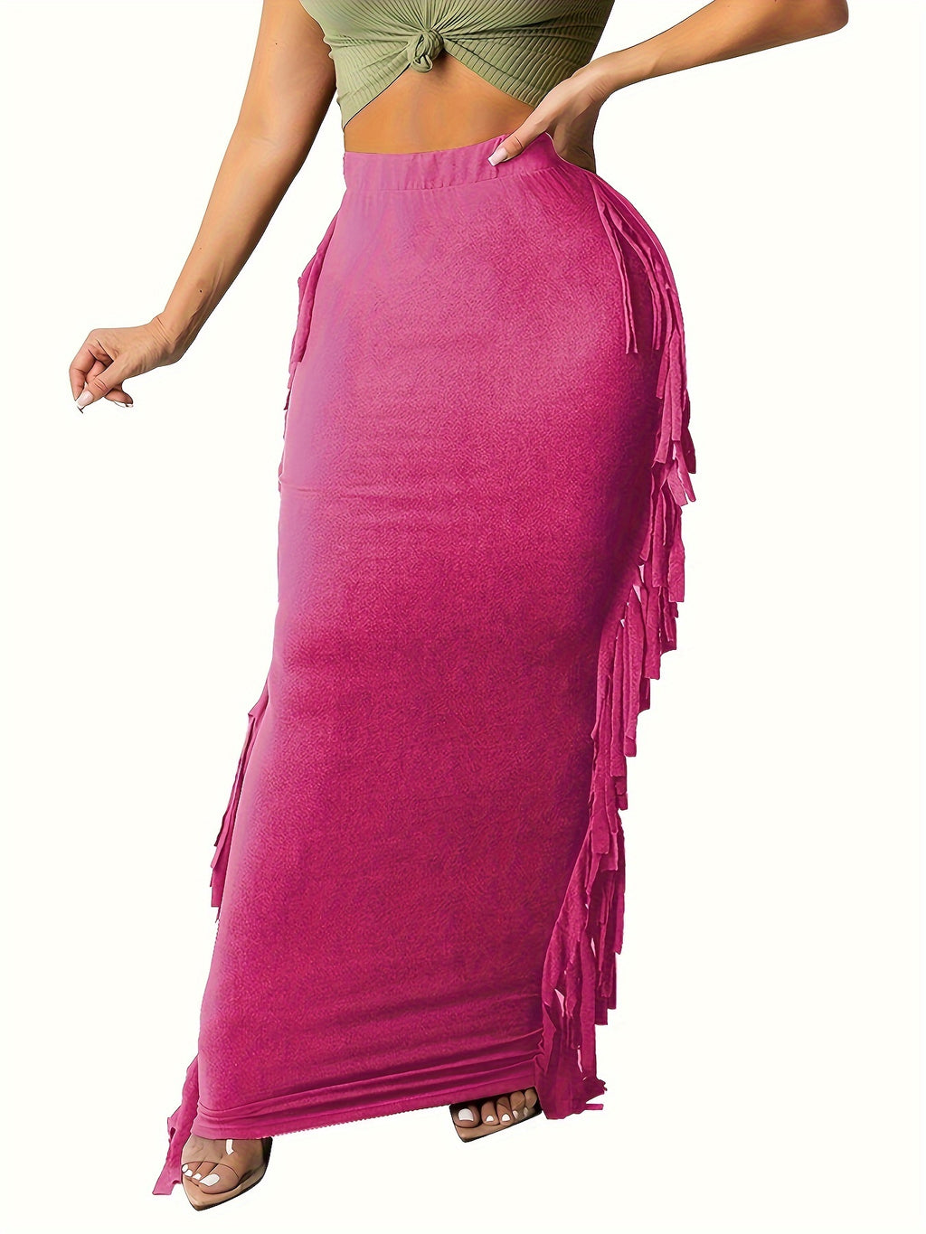 Black Elastic Waist Sides Tassel Maxi Skirt