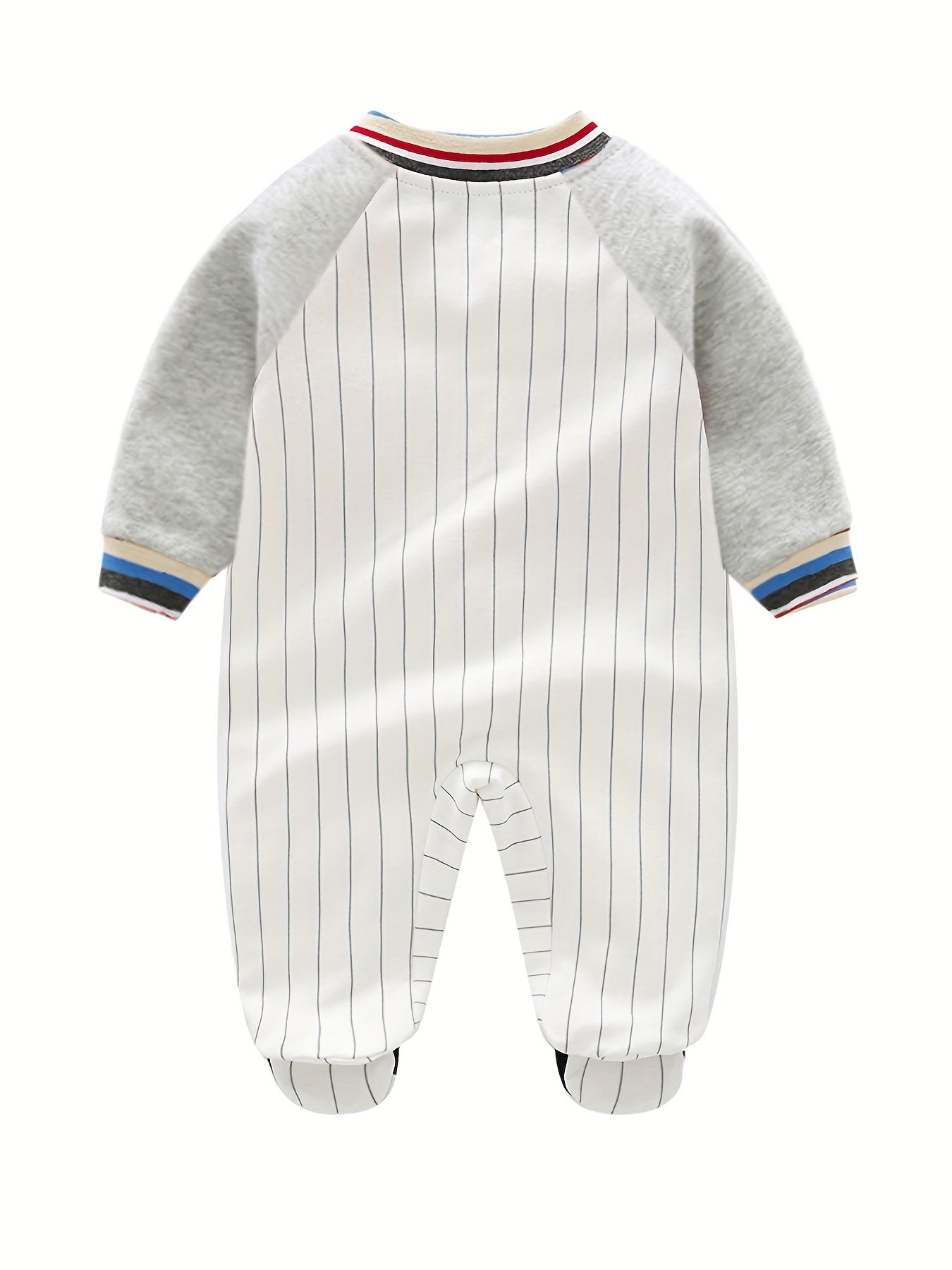Newborn Infant Cotton Vertical Stripe Color Block Romper, Letter Embroidery Long Sleeve Jumpsuit For Baby Boys Toddler Clothes