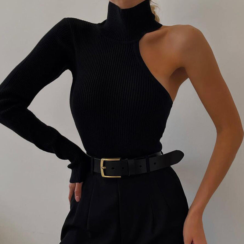 Solid Asymmetric One Shoulder Ribbed Knit Long Sleeve Bodysuit, Sexy Fall Winter One Piece Bodysuits, Women's Clothing