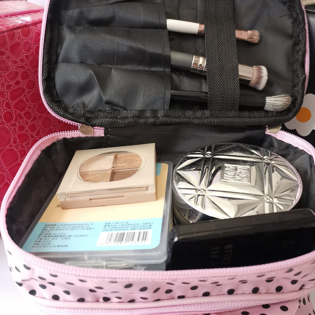 Polka Dot Double Layer Travel Makeup Case - Toiletry Pouch Storage Bag With Handle And Brush Storage Area For Women Ladies