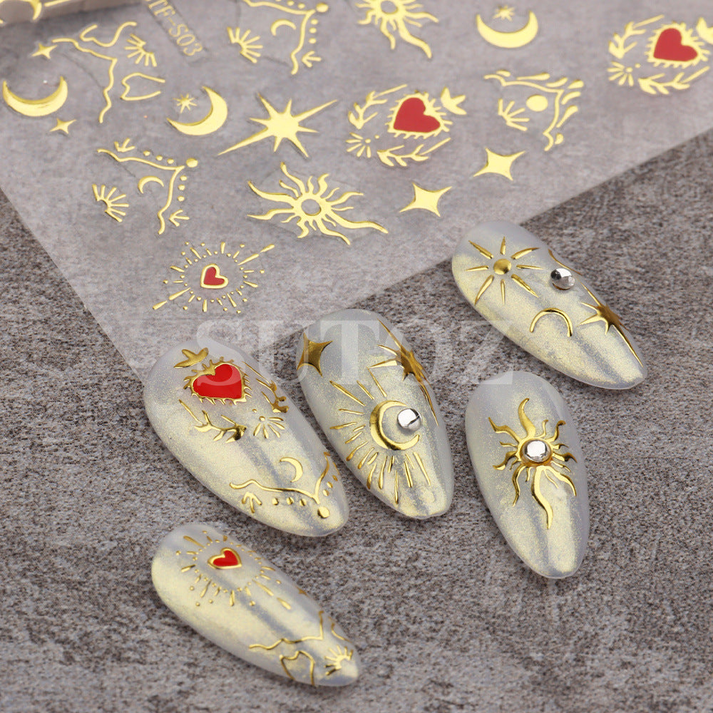 Golden Sun, Moon, and Star Nail Art Stickers - Self-Adhesive 3D Decals for French Nail Design and DIY Decoration