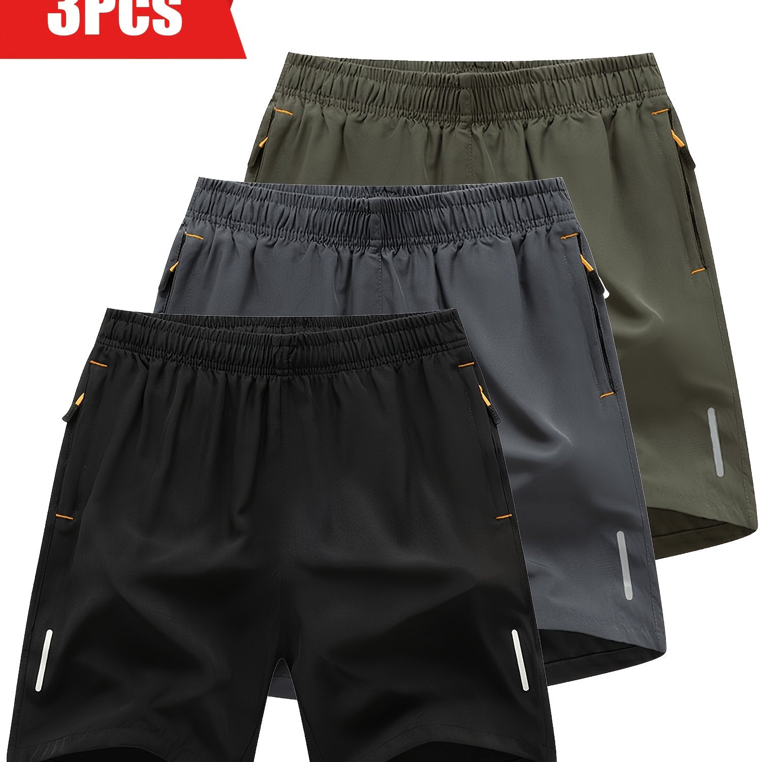 3pcs Reflective Men's Stripe Decor Sports Shorts, Elastic Waist Trendy Fitness for Summer Training