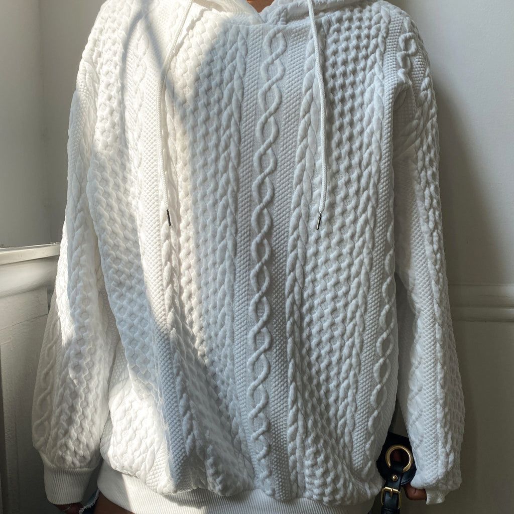 [Solid Ribbed Hoodie] Plus Size Women's Solid Ribbed Long Sleeve Hoodie - Slight Stretch Drawstring Sweatshirt