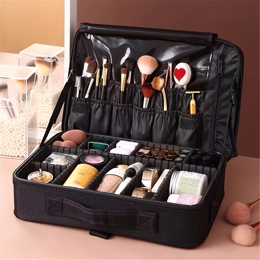 1pc Large Capacity Waterproof Cosmetic Organizer Case with Adjustable Compartments, Durable Detachable Makeup Brushes & Mirror Holder, Multiple Pockets for Travel, Professionals & Daily Use
