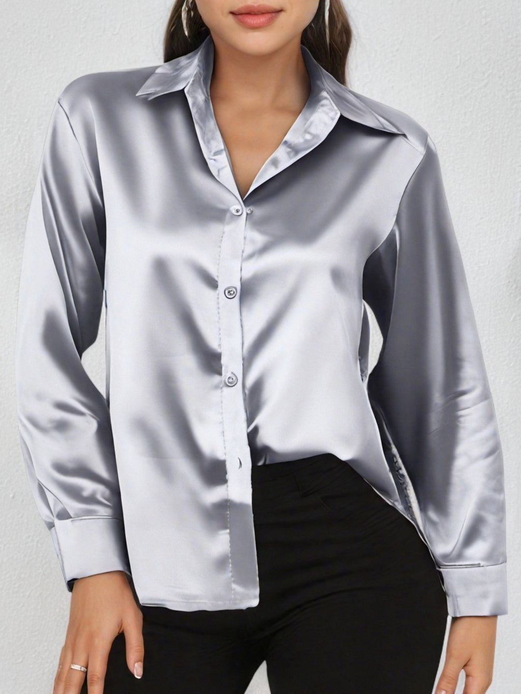 Solid Color Long Sleeve Button Down Tops, Business Casual Blouses For All Seasons, Women's Clothing