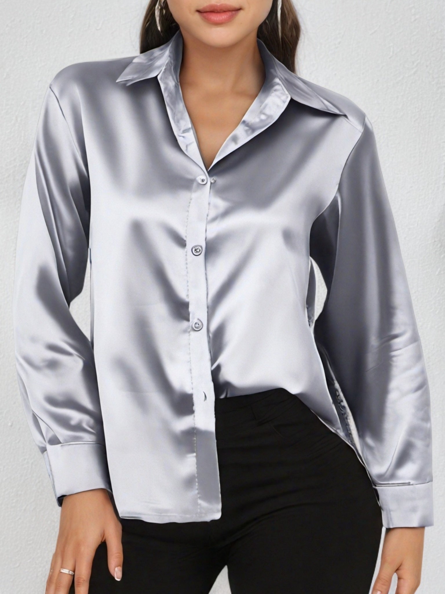 Solid Color Long Sleeve Button Down Tops, Business Casual Blouses For All Seasons, Women's Clothing