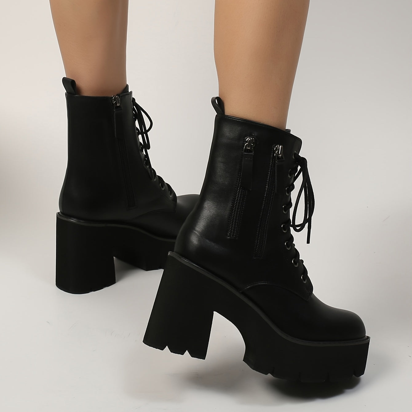 Women's Solid Color Platform Boots, Side Zipper Casual Chunky Heel Ankle Shoes, Winter Round Toe Trendy Boots