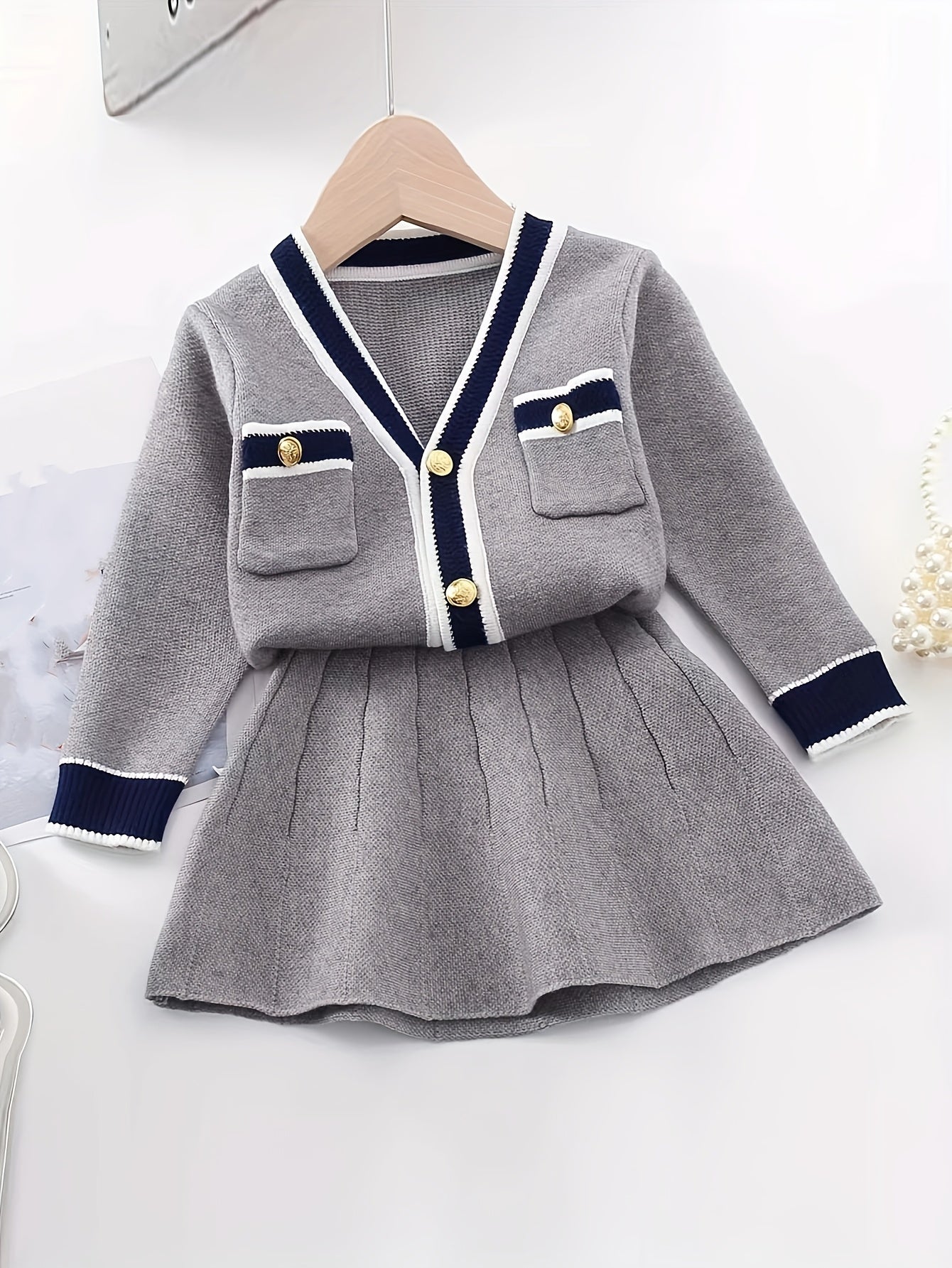Girls Preppy Style Cardigan And Skirt Set - V-Neck Long Sleeve Top with Button Front & Pockets, Elastic Waistband, Ribbed Texture, Solid Color, Perfect for Fall, Casual Attire | Preppy Clothing | Construction, Clothes for You