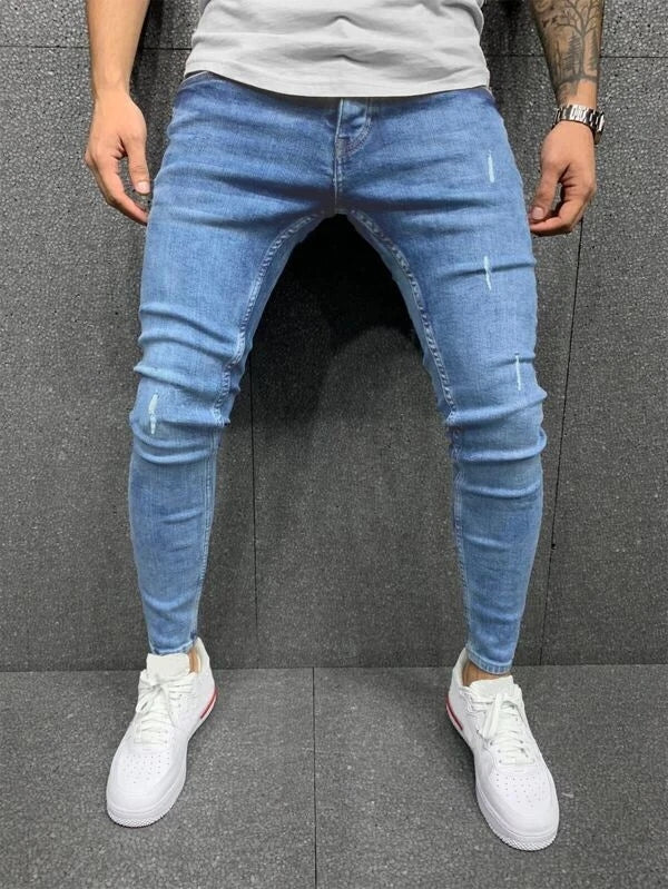 Slim Fit Distressed Cotton Jeans, Men's Casual Street Style Solid Color Washed Mid Stretch Denim Pants For Spring Summer