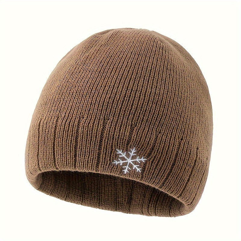 Snowflake Logo Striped Knitted Beanie, Double-Layer Fleece-Lined Thick Warm Comfortable Brimless Hat for Autumn and Winter Outdoor Casual Sports Mountaineering Skiing Running Cycling Windproof Ear Protection Street Hip-Hop Sn